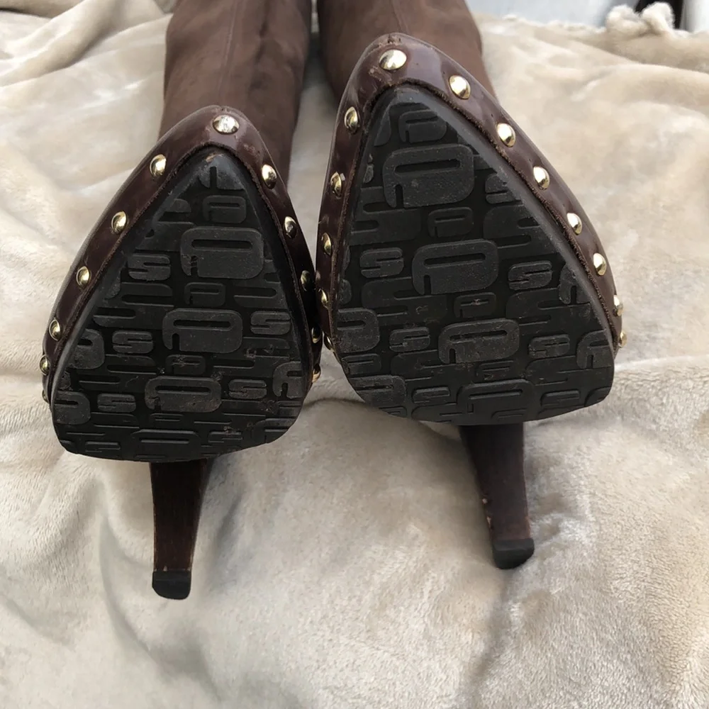 SERGIO ROSSI Chocolate Brown Suede/Leather Over the Knee Boot with Gold Studs